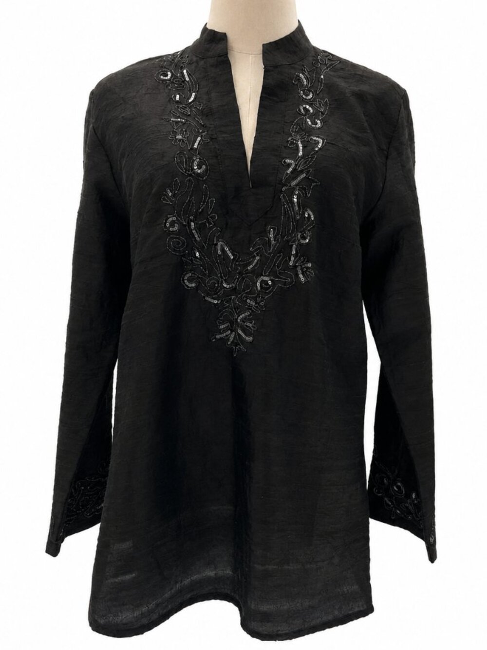 Chico's Brown/Jeweled Pullover V-Neck Tunic Shirt 100% Silk- 2(L)